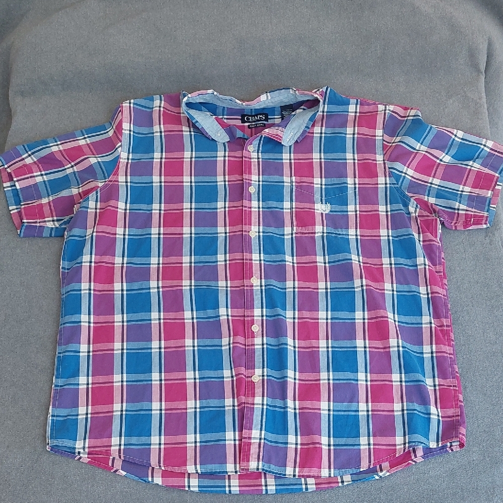 Chaps Men's Pink & Blue Plaid Short Sleeve Easy Care Button Down Shirt XL
